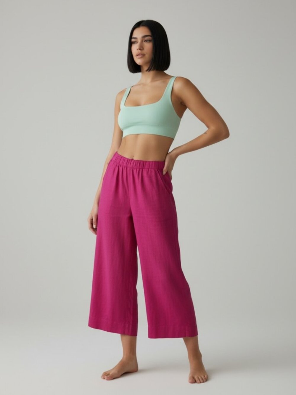 Essentials by Tahari 100% Linen Wide Leg Pants Size L Hot Pink Pull-On Resort